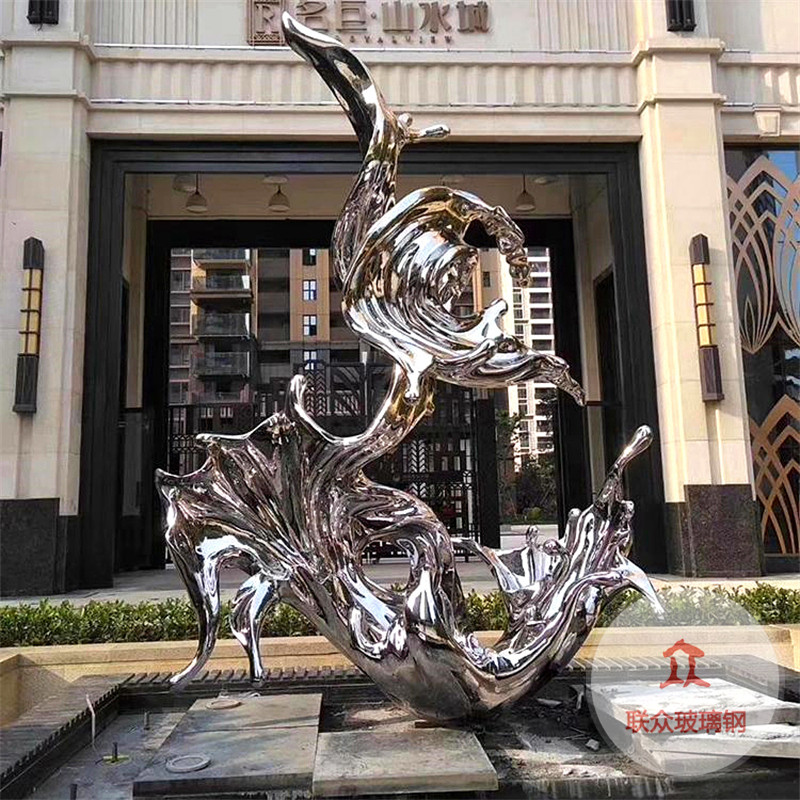 大型不銹鋼雕塑定制金屬月亮水景觀浪花動(dòng)物園林校園異形鏡面擺件