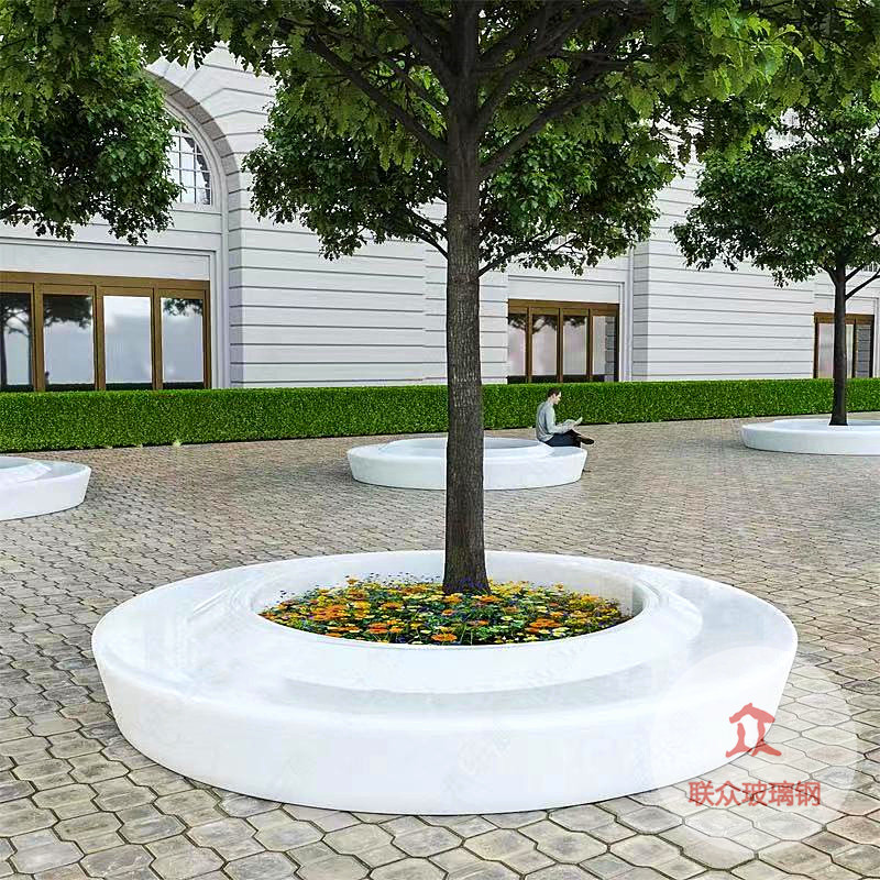 圓形玻璃鋼樹池坐凳商場(chǎng)公共區(qū)域花盆組合座椅木紋面花壇休閑坐凳